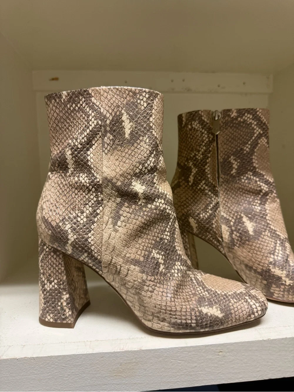 Sam Edelman Beige Snake-Print Block-Heel Ankle Boots - Picture 2 of 4